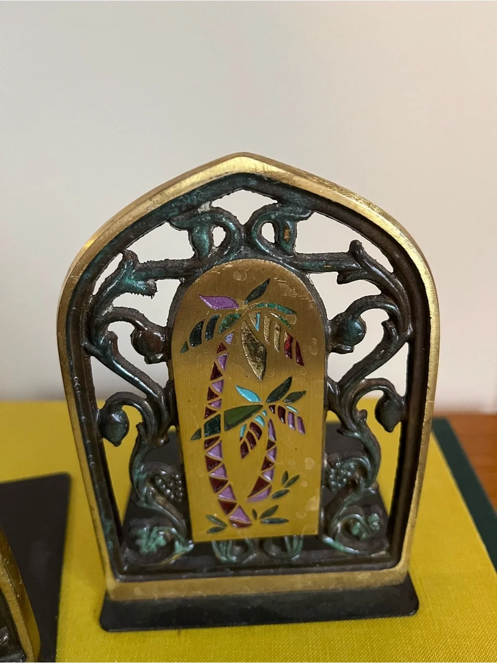 Decorative Brass Bookends with Enamel Inlay - Gold and Teal